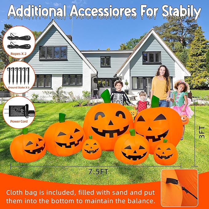 Outdoor Halloween Decorations 7.5 Ft Halloween Inflatables Pumpkins with Built-in LED Lights,Blower,Ground Stakes,Fall Garden Lawn Large Inflatable Halloween Party Yard Decorations