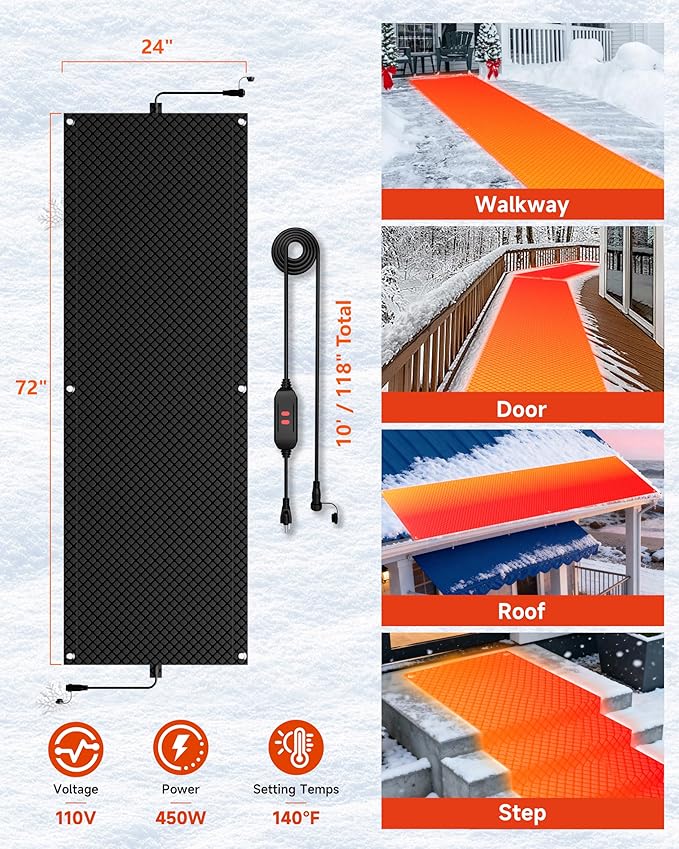 24" x 144" Heated Snow Melting Mat for Walkways & Driveways – Graphene 2.0 Fast Melt, Connectable & Non-Slip Outdoor Snow Melt Mat