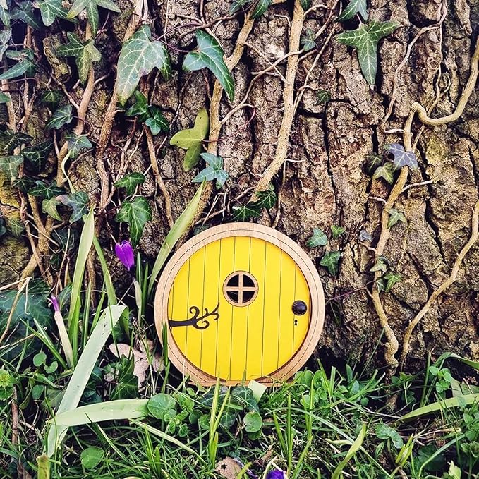 Yellow Fairy Garden Door for Tree, Fairys Doors for Trees Outdoor and Tree Trunk,Mini Fairy Garden Sculpture Lawn Ornament Decor, Fairytales Door Decoration,Gardens Miniatures,Buildings