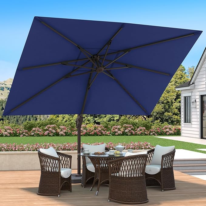 9' X 12' Cantilever Patio Umbrella with Base Included 360°Rotation Rectangular Outdoor Large Offset Umbrellas Heavy Duty Windproof for Garden Deck Pool, Navy