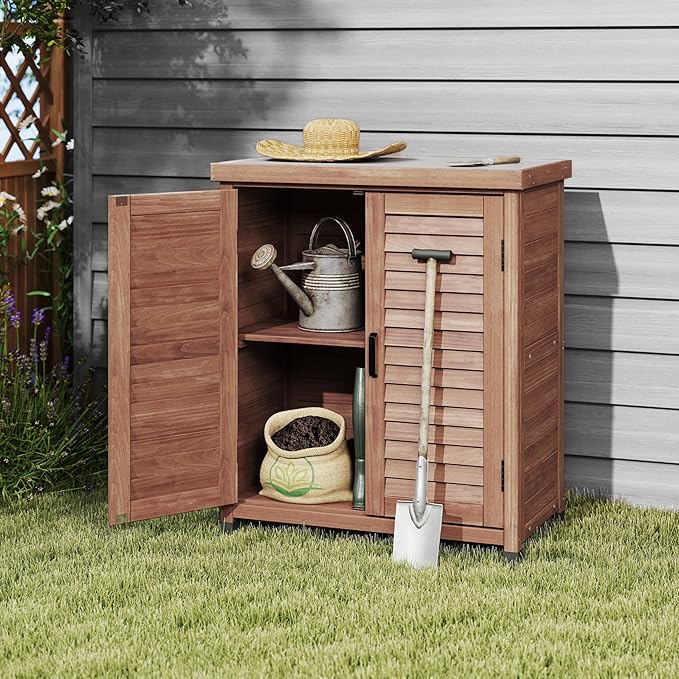 Elegant Brown Solid Wood Potting Bench with Storage Cabinet & Durable Metal Table Top for Outdoor Patio, Perfect Garden Furniture Workstation 31.5x17x36