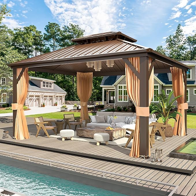 MELLCOM 12'x14' Hardtop Gazebo, Metal Double Roof Aluminum Gazebos with Curtain and Netting,Brown Permanent Galvanized Steel Pavilion for Patio, Lawn & Deck