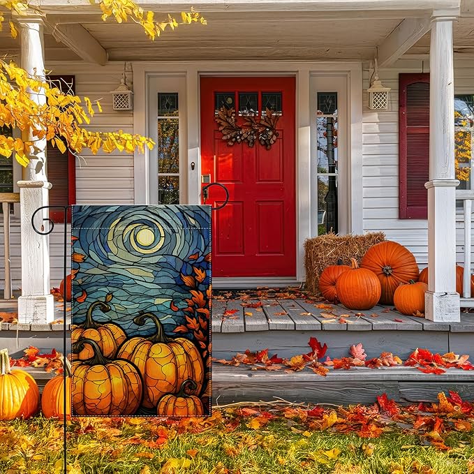 Garden Flags, Garden Flag, Stained Glass Style Pumpkin Maple Leaf Double-Sided Flags for Farmhouse Yard Outdoor Decoration-12 x 18inch (Pumpkin2)