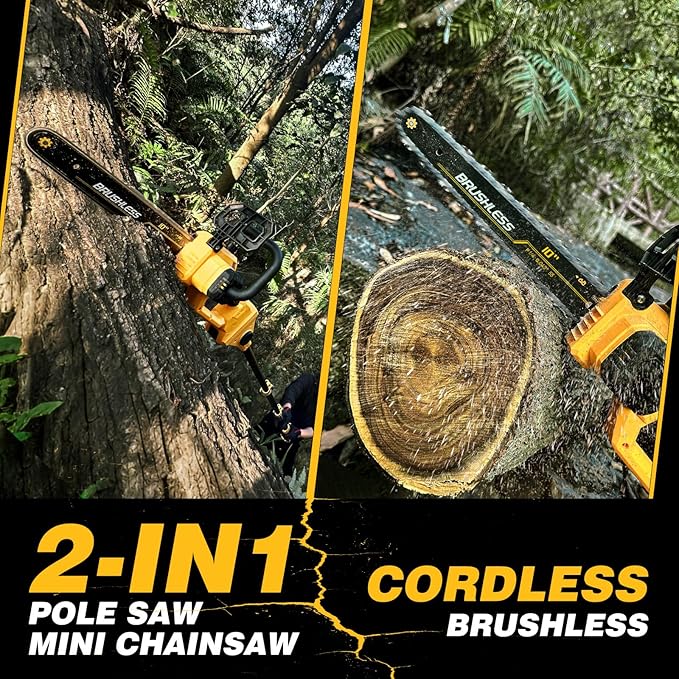 2-in-1 Electric 10-Inch Pole Saw and Chainsaw, Battery Powered Chainsaw Pole Chain Saw, Brushless Motor, 14.5 FT Max Reach Extension Pole for Outdoors Pruning with 1×4.0ah Battery (Battery Included)