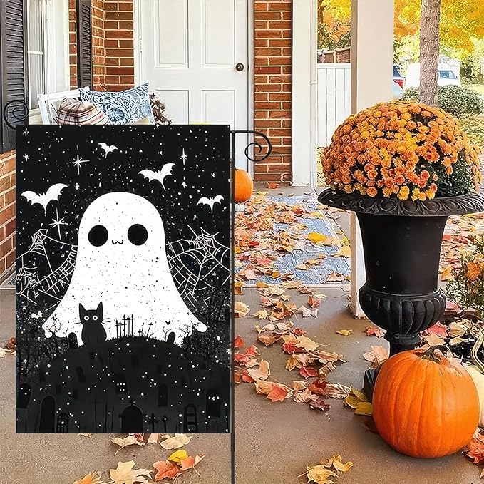 Scary Halloween Garden Flag 12x18 Inch Double Sided Cute Ghost Cat Flags Black White Graveyard Bat Spiderweb Banner Small Yard Flag for Halloween Outdoor Decoration