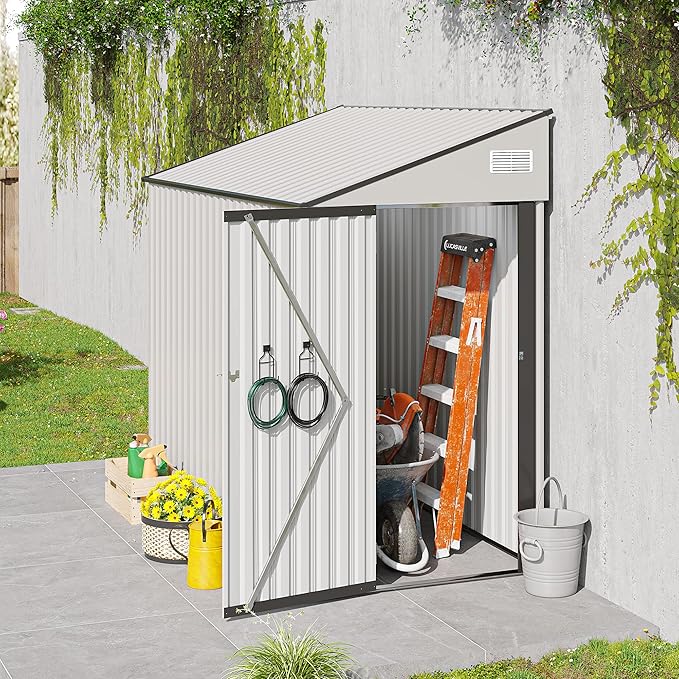 8x4 FT Outdoor Storage Shed, Metal Shed with Floor, Lockable Door, Sloping Roof, All-Weather Lean to Resin Shed for Garden, Backyard, Patio, Lawn (White)