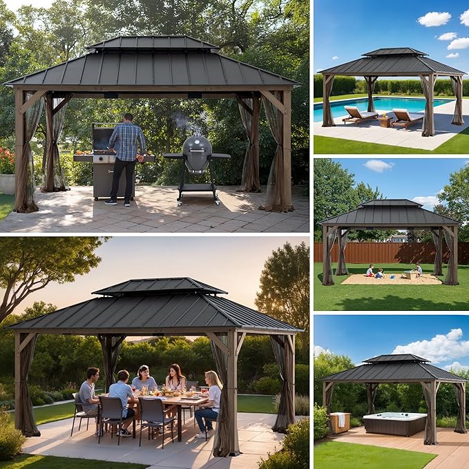 SUNJOY 12x16 Hardtop Wood Gazebo with Galvanized Steel Roof and Mosquito Netting, Outdoor Permanent Pavilion Cedar Gazebo for Backyard, Garden, Patio, Deck, Lawn