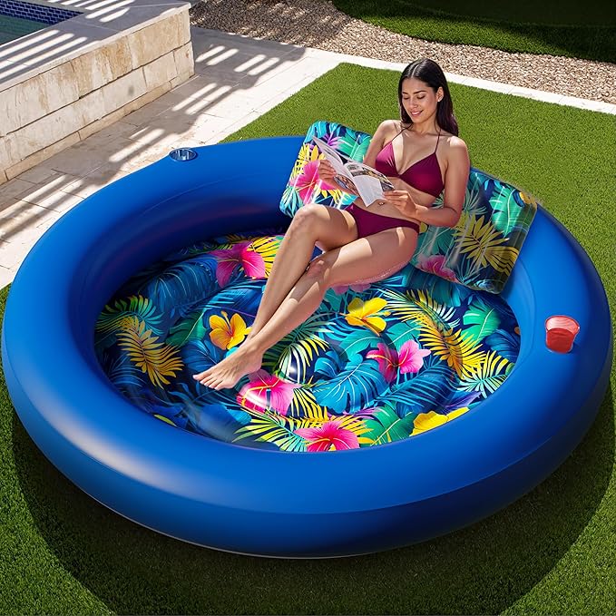 JAMBO Huge Round 76 x 76 Tanning Pool Lounger, Pool Float, Inflatable Sun Tanning Pool Float, Tanning Chair, Pool Floats Adult, Water Lounge Raft Pool Lounger Adults, Tanning Raft Sunchill Tanning Bed
