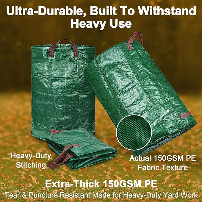 3-Pack 32 Gallon Yard Waste Bags with Leaf Scoop — Collapsible, Stand-Open Garden Bags with Reinforced Handles, Heavy-Duty Reusable Lawn Containers for Leaves, Weeds & Debris