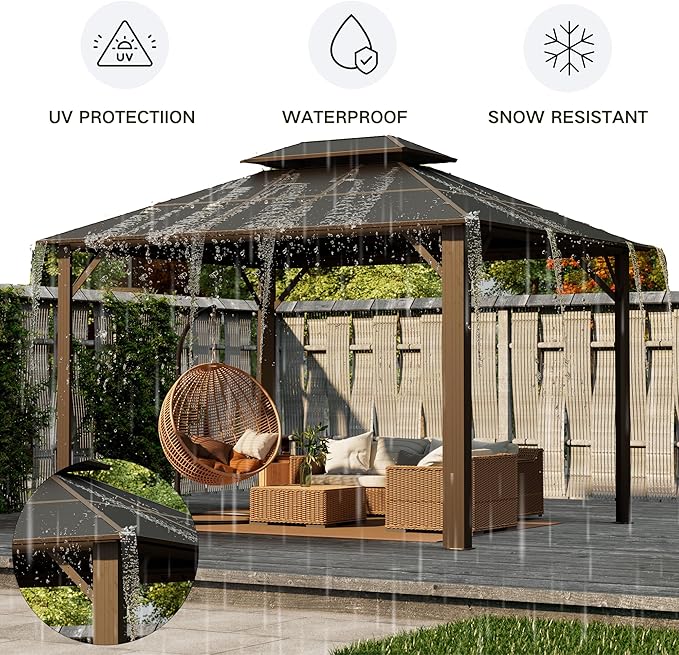 Kingdura Hardtop Gazebo 10'x10' with Double Polycarbonate Roof Canopy, Outdoor Gazebo with All-Weather Resistant Aluminum Frame Permanent Pavilion, UV Blocking for Patio Lawn Garden