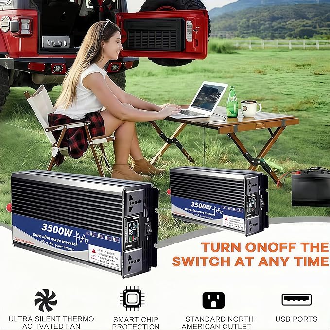 3500W Power Inverter 72V DC to 110V AC Converter with LED Display Dual AC Outlets Dual Fans Radiating for RV, Camp, Boat and Home Emergency Portable Pure Sine Wave Inverter (Smart Screen, 3500W 72V)