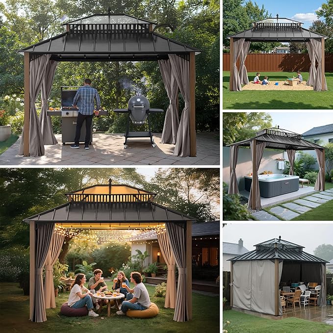 SUNJOY Kingston 12' x 10' Hardtop Gazebo with Galvanized Steel/Polycarbonate Double Roof, Curtain and Netting, Woodgrain Finish Aluminum Posts Permanent Pavilion Gazebo for Garden, Patio, Deck, Lawn