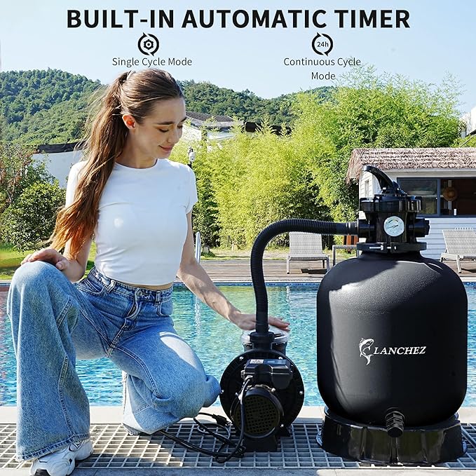 LANCHEZ 16" Sand Filter Pump for Above Ground Pool with Timer, 1.5 HP, Max 4900 GPH for Pools Up to 16000 GAL, 6-Way Valve Pool Sand Filter System, Enhanced Circulation for Crystal-Clear Pool