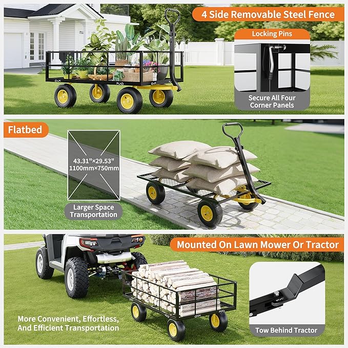 3-in-1 Heavy-Duty Steel Garden Cart, 1200 Lbs Garden Wagon, with 13 Inch All-Terrain Tires and Removable Mesh Side Panels, 180° Rotating Handle, Metal Utility Yard Trailer, Outdoor Gardens Wagon Cart