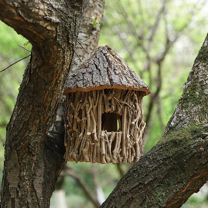 Twig-Covered Cylinder Birdhouse, 2.4" Entry for Medium Birds, Natural Branch Exterior & Waterproof Interior, Woodland Garden Backyard Decor