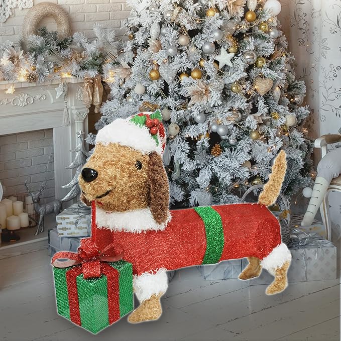 28" Long Christmas Dog Decoration with Lights,Xmas Dachshund with Hat Take a Gift Box, Weiner Dog Lighted up for Indoor Outdood Home Garden Party Yard Porch Under Christmas Tree Holiday Addition