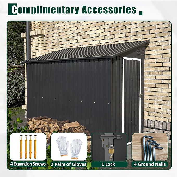 4×8 Ft Lean to Shed with Floor, Metal Outdoor Storage Shed, 0.25mm Galvanized Steel Metal Garden Shed Waterproof with Lockable Door for Backyard, Patio, Garden, Black