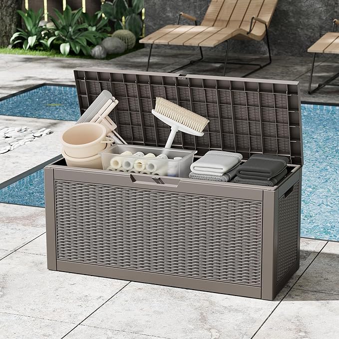 Outdoor Storage Box, 60 Gallon Outside Deck Box Waterproof,Resin Outdoor Storage Cabinet With Lockable Lid,Backyard Storage Bench For Garden Tools,Patio Cushions, Pool Tools, Package Delivery
