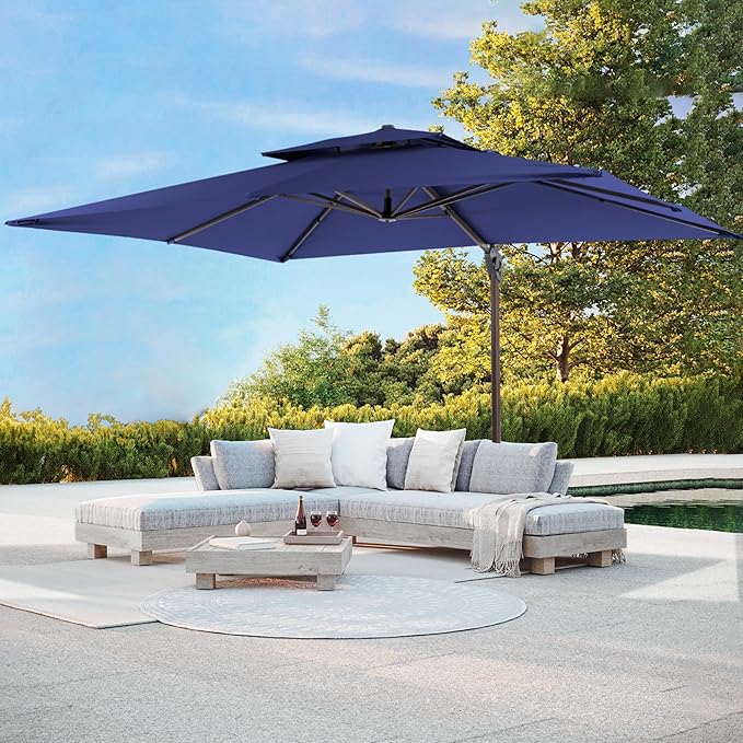 JZAC & QZYD 10 X 13 FT Cantilever Patio Umbrella with Base Included Outdoor Large Offset Double Top Heavy Duty Rectangle Umbrellas with 360° Rotation for Deck Backyard Garden, Navy