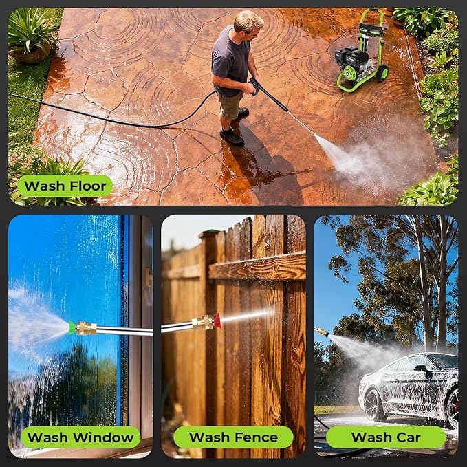 Professional 4200PSI 4GPM 212CC Gas Pressure Washer, 7.0 HP Commercial Gas Power Washer with 1L Foam Bottle 9" Wheels 5 Nozzles 25FT Hose for Home Car Fence Driveway (EPA/CARB/ETL Compliant), Green