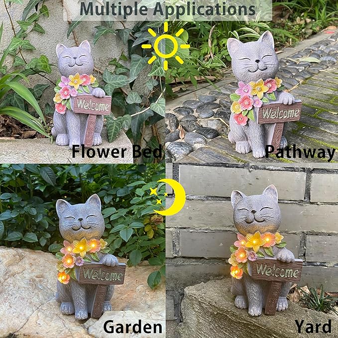 Solar Cat Garden Statue for Outdoor Decor, Cat Solar Light with Flowers, Resin Welcome Cats for Garden, Yard, Lawn Decor, Cats Lover Gifts for Women