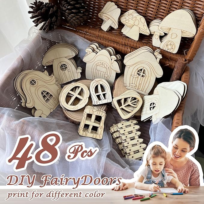 48 Pcs Fairy Door & Window Craft Kit - Wooden Garden Doors, Mini Fences, Unpainted Miniature Accessories for Home Party Event Decor - DIY Fairy House Decorations