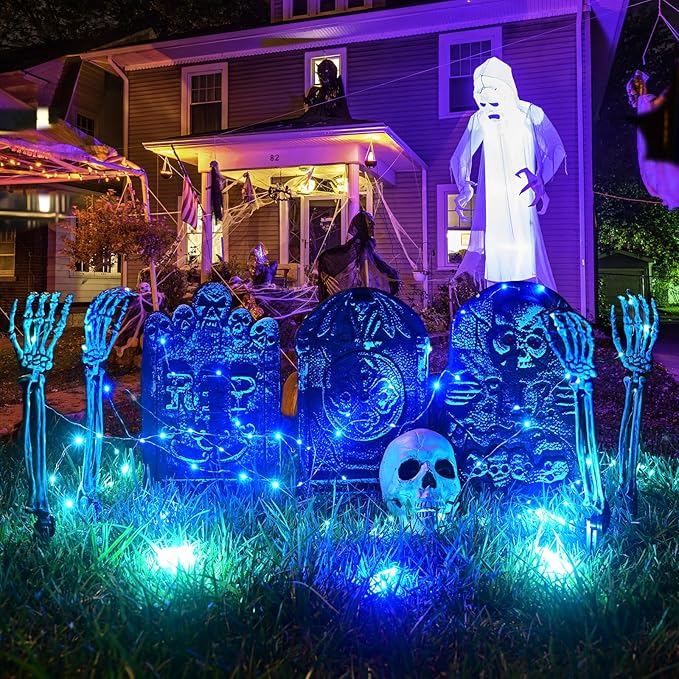 Halloween Lighted Skeleton Hands Set, 4 Pack Light Up Skeleton Arm Stakes, 4 x 3m 240 LED Green & Coloured Lights with 3 Modes, Realistic Halloween Yard Outdoor Decorations Graveyard Garden