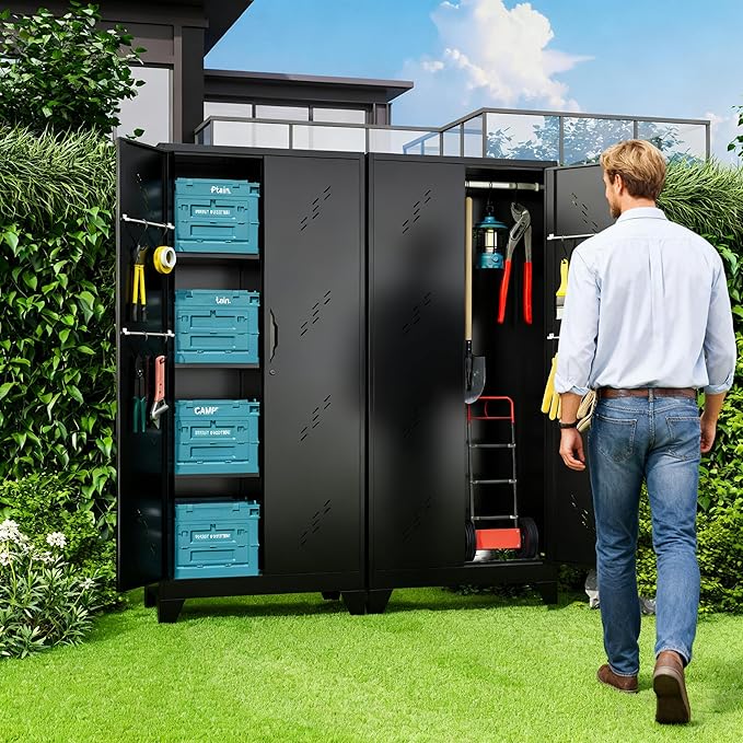 71" Metal Tools Storage Cabinet with Doors and Shelves, Outdoor Storage Sheds with Lock, Black Cleaning Supplies Organization Cabinet with Hanging Rod for Garage, Outdoor,
