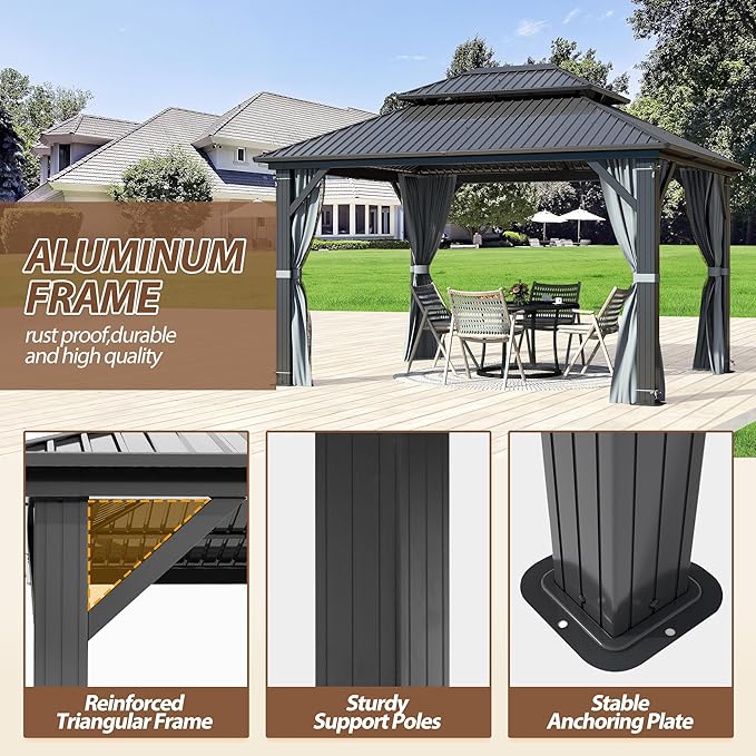 10 X 12ft Hardtop Gazebo, Galvanized Steel Double Roof Gazebo with Nettings and Curtains, Outdoor Aluminum FrameVertical Stripes Roof Permanent Pavilion for Patio, Backyard, Lawns