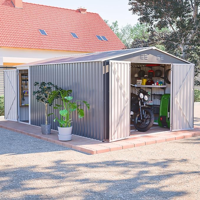 10x14 FT Outdoor Metal Storage Shed, Large Garden Shed Tool Shed with 3 Lockable Doors & Side Door, Waterproof Yard Building with 4 Air Vents for Backyard, Patio, Light Gray