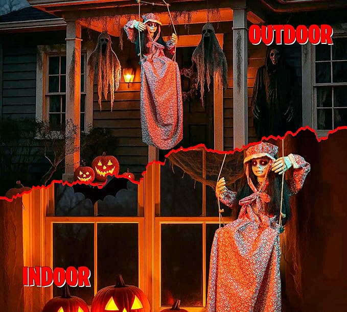 Scary Halloween Decorations Hanging Swinging Doll Girl for Indoor & Outdoor Props, Sound, Touch & Clap Activated with Creepy Sounds & Light-Up Eyes for Halloween Haunted House or Yard Lawn Prop