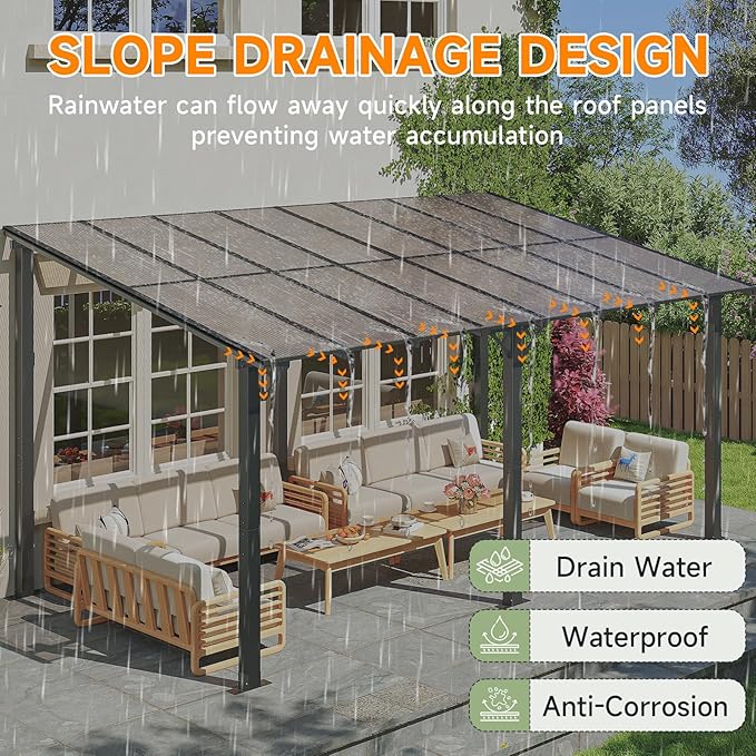 10x16FT Lean to Gazebo, Hardtop Metal Pergola with Polycarbonate Roof, Large Wall Mounted Heavy Duty Awnings, Patio Canopy for Backyard, Deck, Porch