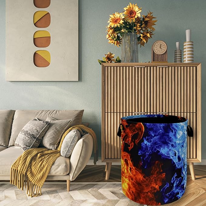 Red Blue Fire Flame Laundry Basket Foldable With Handles Cool Tote Bag Oxford Cloth Colorful Laundry Hamper Clothes Storage Bucket Toy Organizer For Bathroom/Laundry/Bedroom 18.9" x 16.5 "