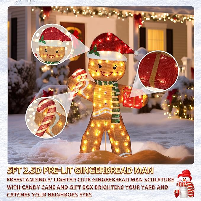 VEIKOU 5FT Gingerbread Man Christmas Decoration with 120 LED for Outdoor Yard Decorations, 2.5D Pre-Lit Gingerbread Man with Candy Cane and Gift Box, Freestanding Glittered Holiday Display