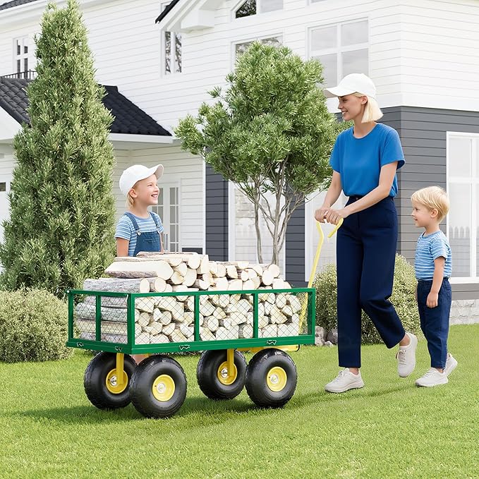 900 Lbs Garden Wagon, 2-in-1 Heavy-Duty Steel Garden Cart, with 10 Inch All-Terrain Tires and Removable Mesh Side Panels, 180° Rotating Handle, Metal Utility Yard Trailer, Outdoor Gardens Wagon Cart