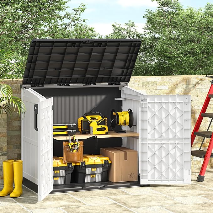 Light Gray Outdoor Resin Storage Shed 36 Cu. Ft. Garden Horizontal Storage Extra Large Capacity Weather Resistant Storage Box, Lockable Resin Waterproof Shed for Garbage Cans, Garden Tools