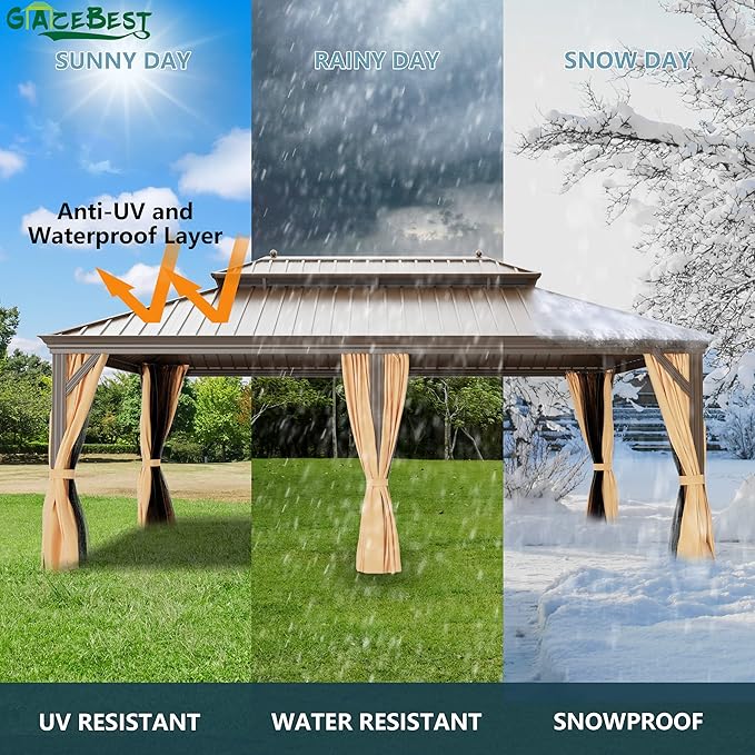 14'x22' Hardtop Gazebo Outdoor Aluminum Patio Gazebo Double Roof Galvanized Steel Canopy with Netting and Curtains for Garden, Backyard, Deck and Lawns