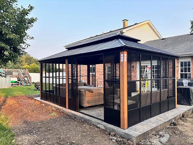 PURPLE LEAF 12' X 20' Sunroom Patio Hardtop Gazebo Double Top Galvanized Steel Roof Outdoor Screen House Aluminum Solarium Backyard Sun Room