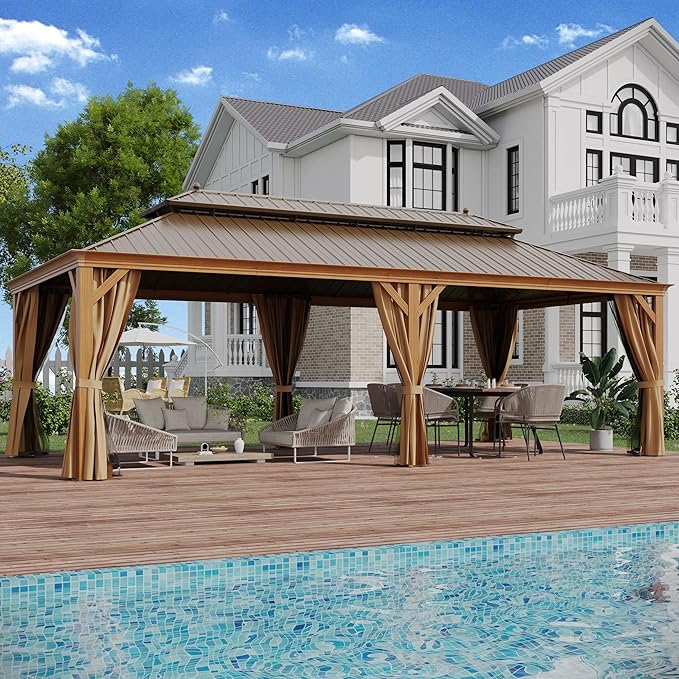 12' X 24' Hardtop Gazebo, Aluminum Wood-Looking Frame Outdoor Permanent Galvanized Steel Double Roof Pavilion Pergola Canopy with Privacy Curtains for Garden, Patio, Backyard, Deck and Lawns.