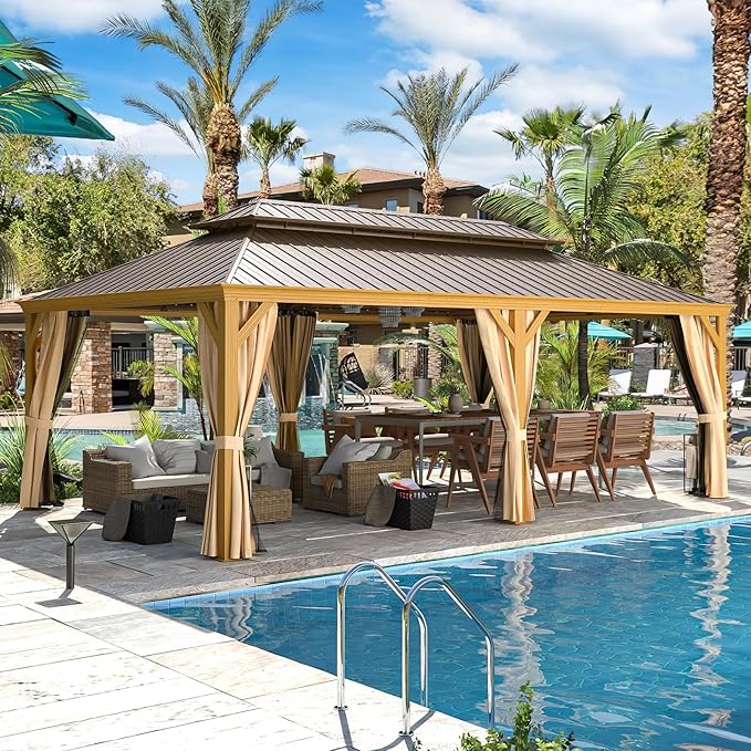 MELLCOM 14' x 22' Gazebo, Hardtop Gazebo Wood-Looking with Galvanized Steel Double Roof, Aluminum Frame, Outdoor Permanent Metal Pavilion with Netting and Curtains for Deck, Backyard, Patio and Lawns