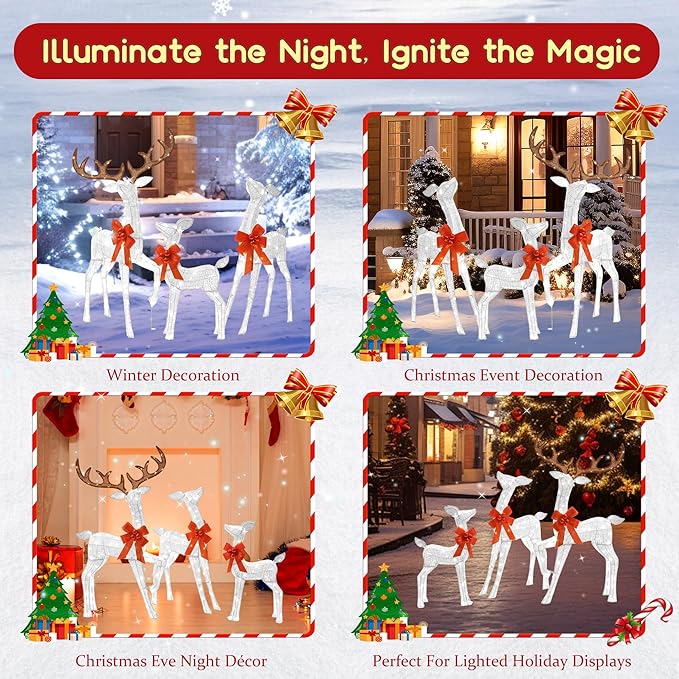 3D Reindeer Family Christmas Decor Set 4.5Ft Lighted Christmas Reindeer/Deer Family Set Outdoor Christmas Yard Decorations with Stakes & Zip Ties for Holiday Lawn Patio Party