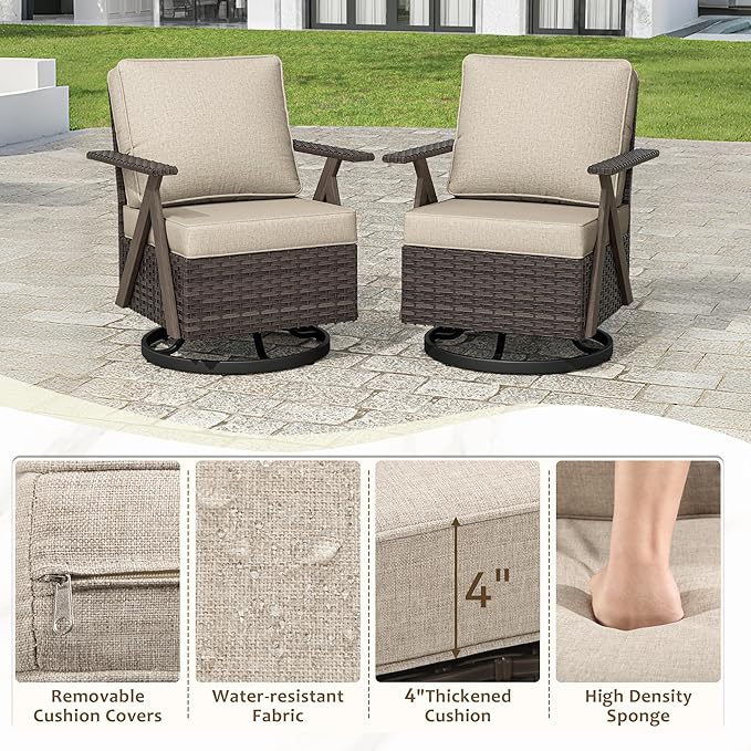 Outdoor Wicker Swivel Chairs Set of 2, Patio Furniture Set with 360 Degree Wicker Swivel Rocking Chairs with Metal Frame and Deep Seating
