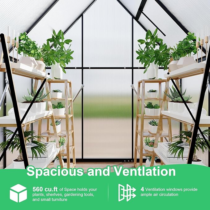 6X4 ft Polycarbonate Greenhouse with Aluminum Frame, Polycarbonate Greenhouse for Outdoors, Greenhouses with Ventilation and Rain Gutter, Aluminum Large Walk-in Greenhouses for Outside