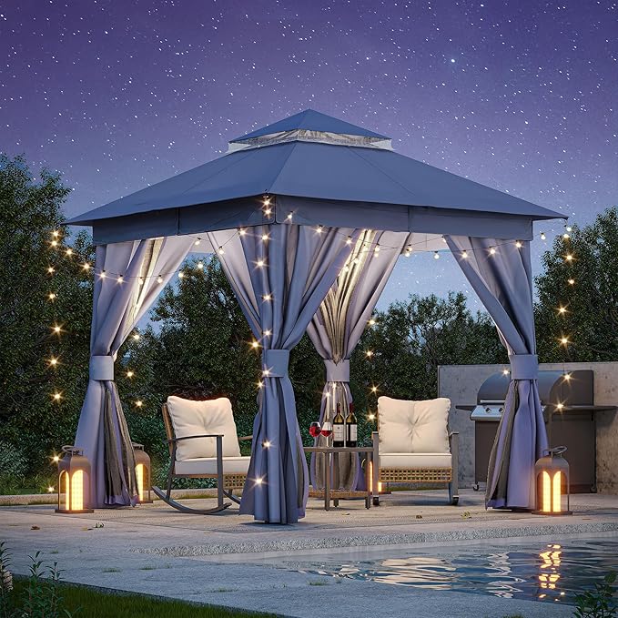 LAUSAINT HOME Outdoor Patio Gazebo 8'x8' with Expansion Bolts, Heavy Duty Gazebos Shelter Party Tent with Double Roofs, Mosquito Nettings and Privacy Screens for Backyard, Garden, Lawn, Navy Blue