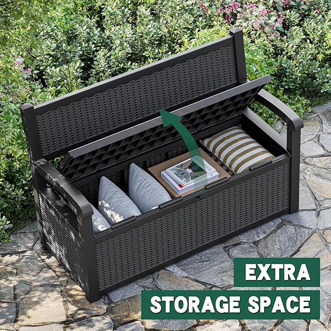 LHBcraft 70 Gallon Lockable Outdoor Storage Bench Waterproof, Deck Box Bench for Patio, Porch, Garden, Poolside, Stores Tools & Pool Supplies, Heavy-Duty Outdoor Bench with Storage, Black