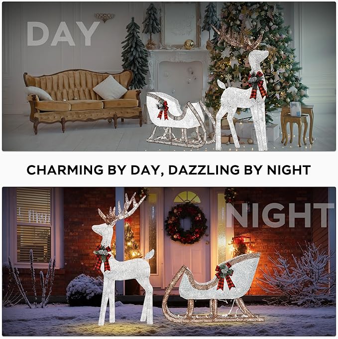 Outdoor Lighted Reindeer with Sleigh Christmas Decors, 3D Deer & Santa Sleigh Holiday Yard Decorations with 170 Warm White LEDs, Garden, Lawn Winter Displays, 2-Piece Set, Silver & Brwon