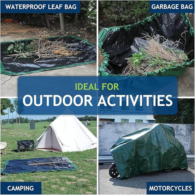 Leaf Tarp 9x9 Ft, Lawn Garden Leaf Tarp with 4 Drawstrings, Reusable Waterproof Poly Tarp Yard Waste Bags, All Purpose Protective Cover for Bikes, Furniture Cover, Tent Footprint