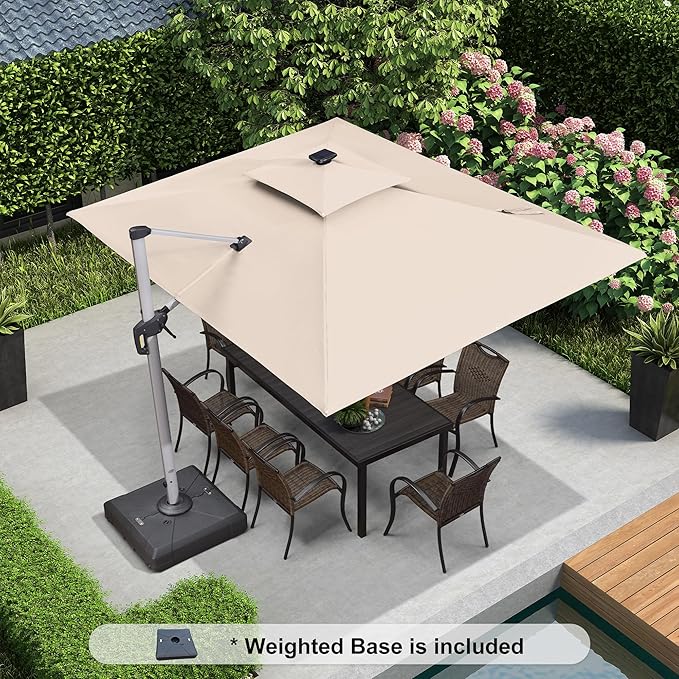 PURPLE LEAF 9' X 12' Solar Powered LED Rectangle Cantilever Umbrella With Base Patio Umbrellas Windproof Hanging Umbrella Outdoor Umbrellas Offset Umbrellas, Beige