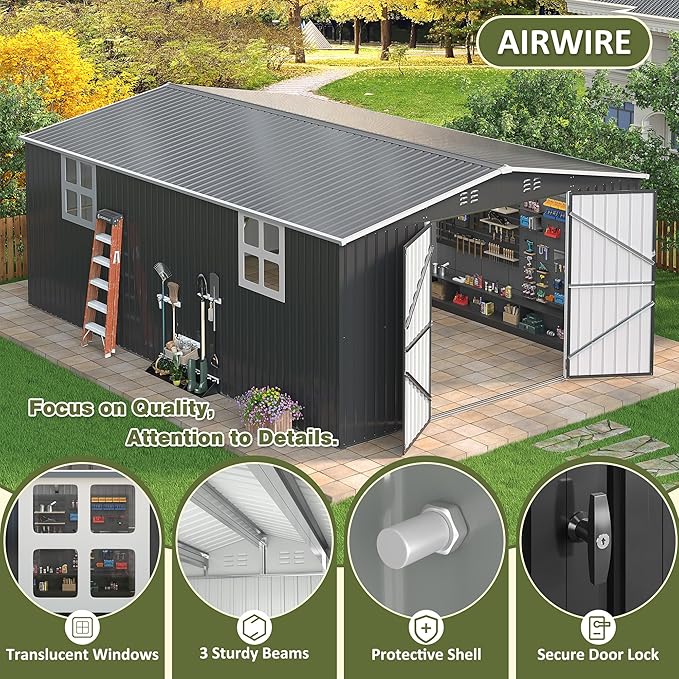 12x16 FT Outdoor Storage Shed, Garden Shed with Updated Frame Structure and Lockable Doors, Metal Tool Sheds for Backyard Garden Patio Lawn, Black
