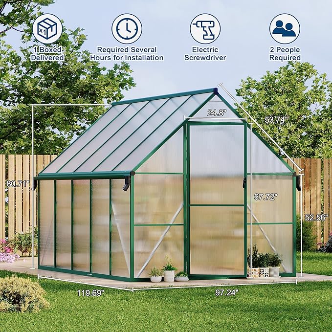 8X10 ft Polycarbonate Greenhouse with Aluminum Frame, Polycarbonate Greenhouse for Outdoors, Greenhouses with Ventilation and Rain Gutter, Aluminum Large Walk-in Greenhouses for Outside